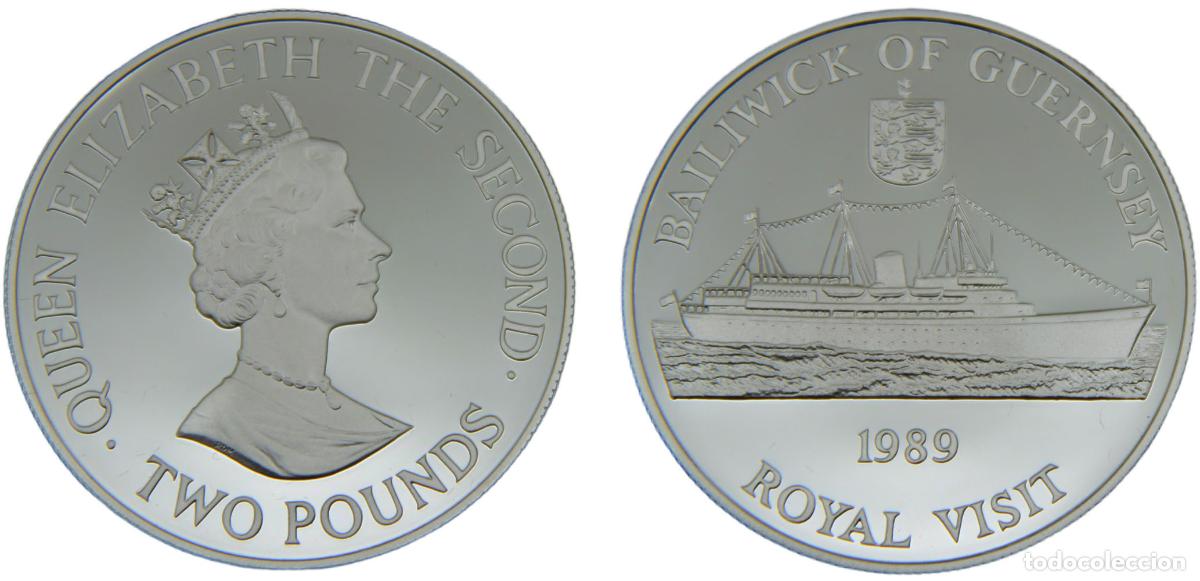 Monnaies anciennes d'Am&eacute;rique: Bailiwick of Guernsey Dependency of the British Crownlocated Elizabeth II 1989 2 Pounds Royal Visit