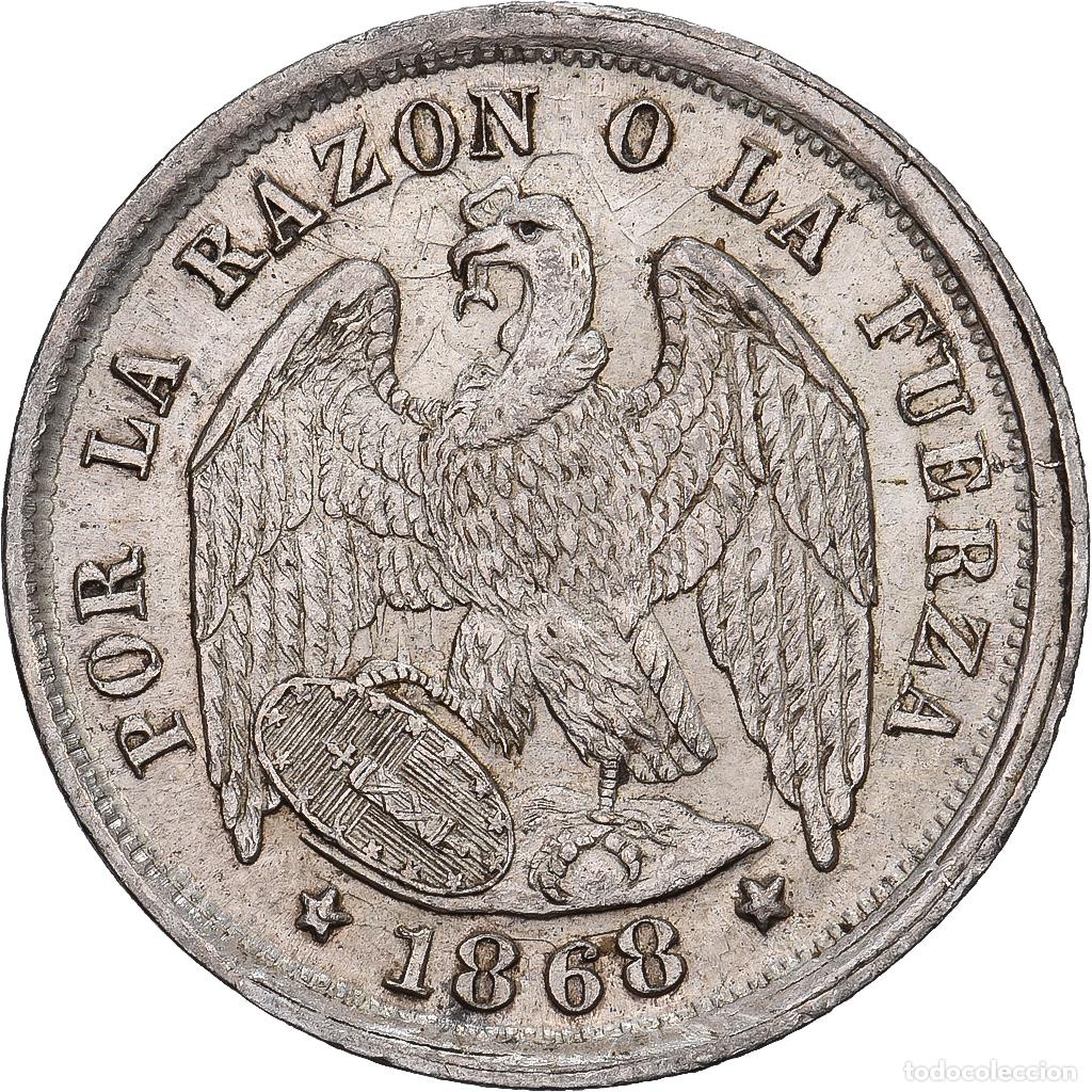 Old Coins of America: [#1509675] Chile, 1/2 Decimo, 1868, Santiago, Clashed dies, Plata, MBC+