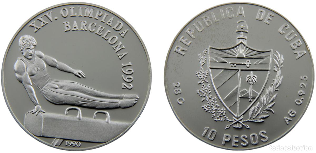 Monete antiche di America: Cuba Second Republic 1990 10 Pesos 25th Olympic Games Barcelona, 1992, Gymnastics