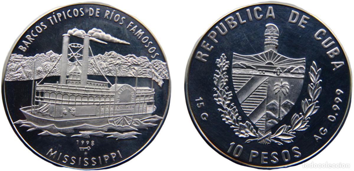Monedas antiguas de Am&eacute;rica: Cuba Second Republic 1998 10 Pesos Famous river ships, Mississippi River Boat