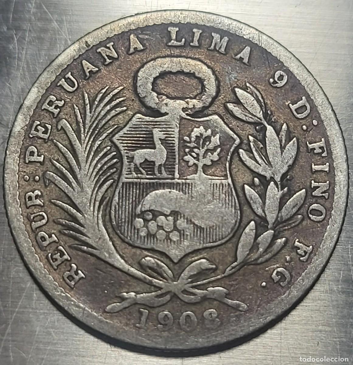 Monedas antiguas de Am&eacute;rica: Moneda plata Per&uacute; ⅕ sol 1908 - Foto 1