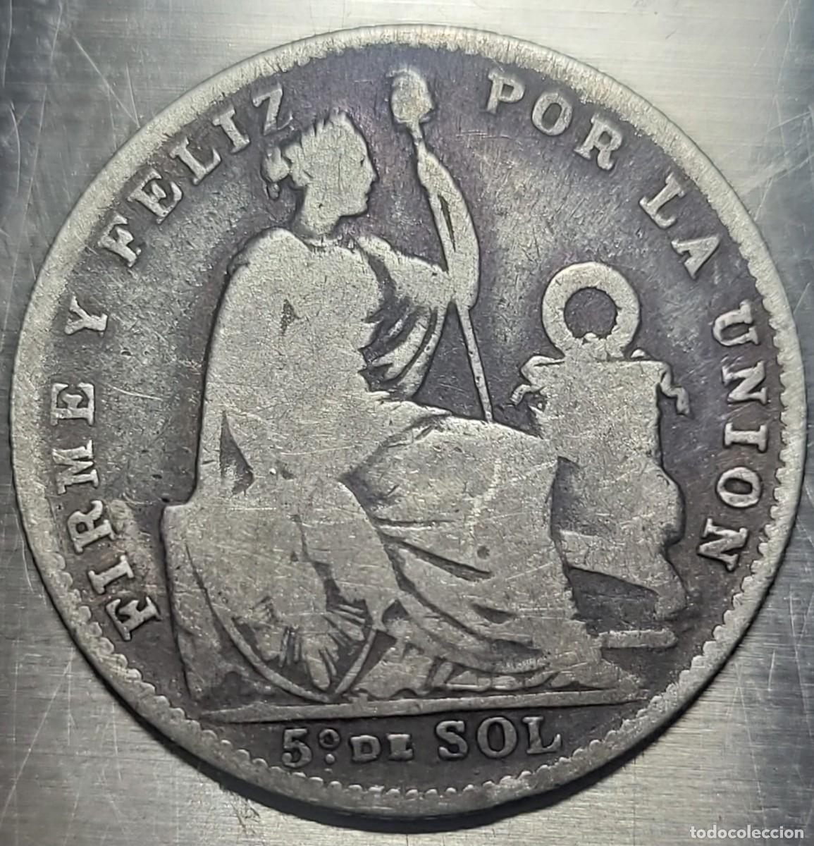 Monedas antiguas de Am&eacute;rica: Moneda plata Per&uacute; ⅕ sol 1908 - Foto 2