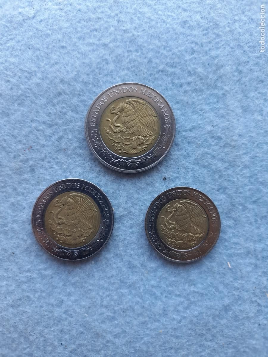 Moedas antigas da Am&eacute;rica: M&eacute;xico. Lote de 3 monedas Bimet&aacute;licas 1, 2 y 5 Pesos.