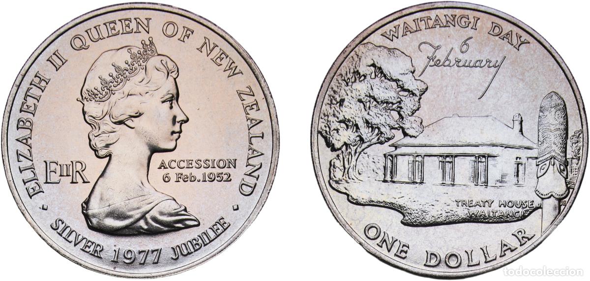 Monedas antiguas de Am&eacute;rica: New Zealand State 1977 1 Dollar - Elizabeth II (2nd Portrait; Waitangi Day) Copper-nickel Royal Min