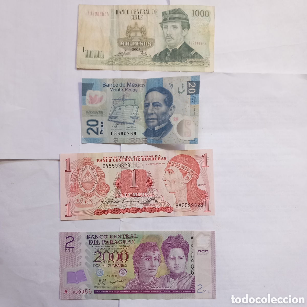 Monedas antiguas de Am&eacute;rica: Lote II de 4 billetes latinoamericanos
