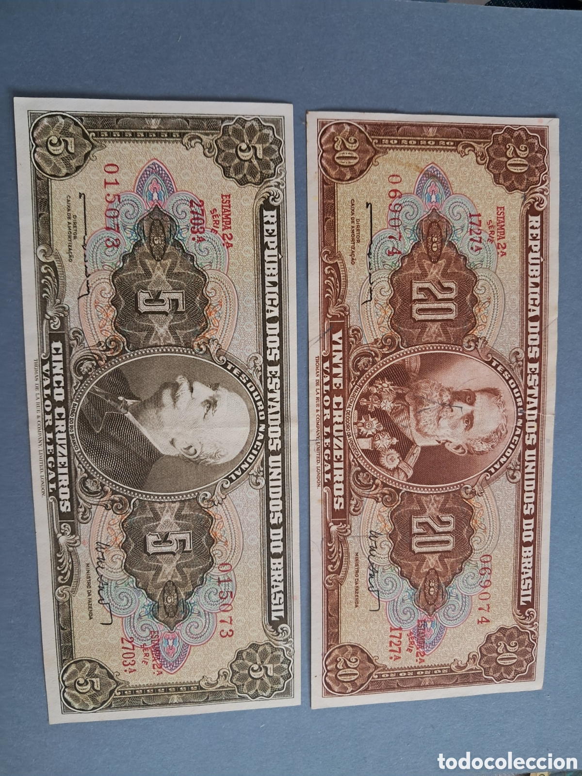 Monedas antiguas de Am&eacute;rica: bitllet hist&ograve;ric de&nbsp;5 i 30Cruzeiros&nbsp;de la Rep&uacute;blica dels Estats Units del Brasil.&nbsp;