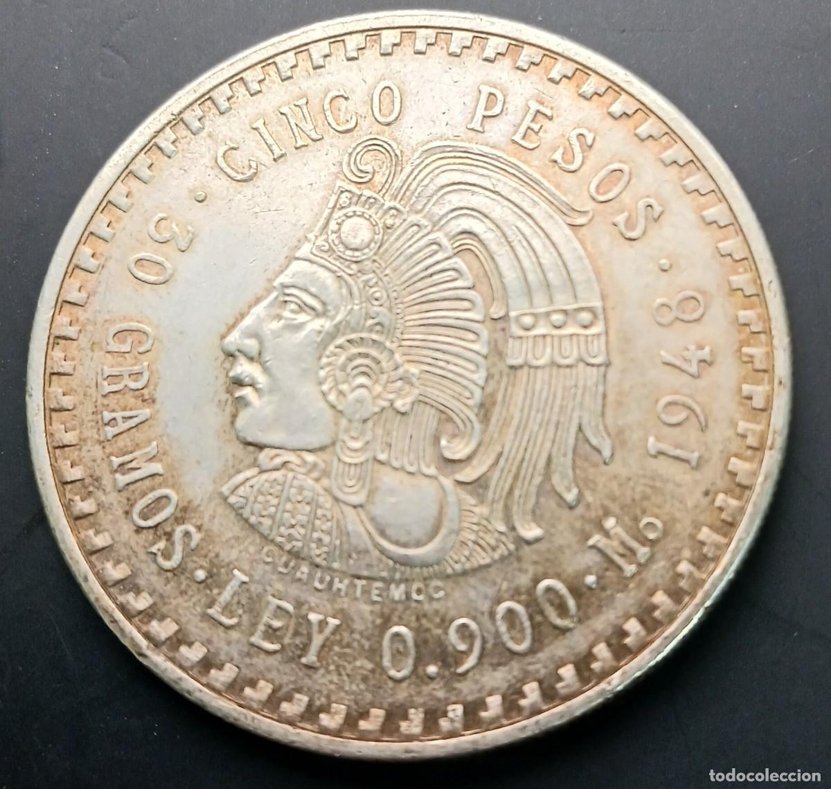 Moedas antigas da Am&eacute;rica: MEXICO. A&Ntilde;O 1948. 5 PESOS PLATA &rdquo; AZTECA HUEI TLATOANI &rdquo;. PESO 27,7 GR