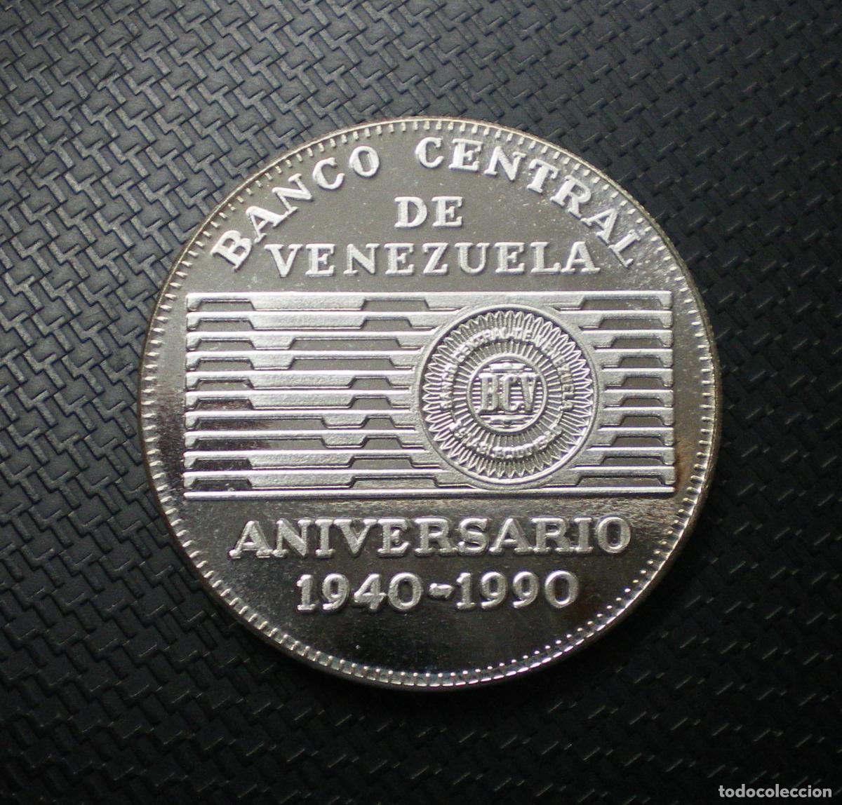 Monedas antiguas de Am&eacute;rica: VENEZUELA - 50 BOLIVARES de PLATA - 1990 - 50 ANIVERSARIO del BANCO CENTRAL - MUY RARA
