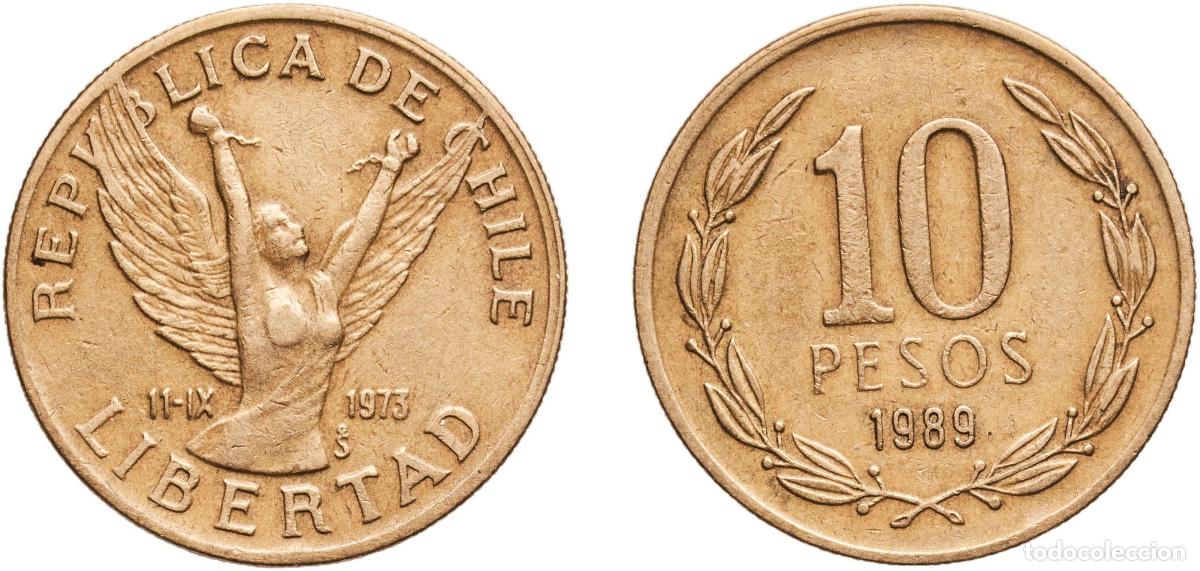 Monedas antiguas de Am&eacute;rica: Chile Republic 1989 So 10 Pesos Nickel brass Santiago Mint (73000000) 3.57g AU KM 218.2