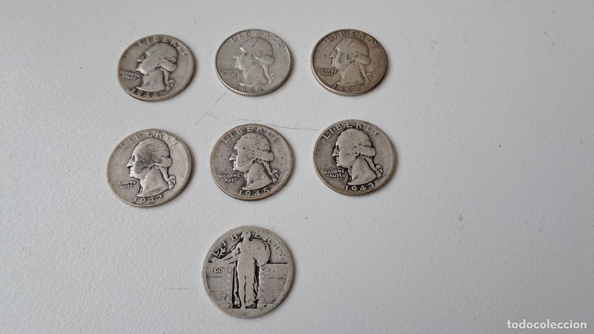 Monedas antiguas de Am&eacute;rica: Lote 7 monedas plata USA quarter dollar cuarto d&oacute;lar, 1942, 1943, 1945, 1946, 1962 (D) y 1964 (D)