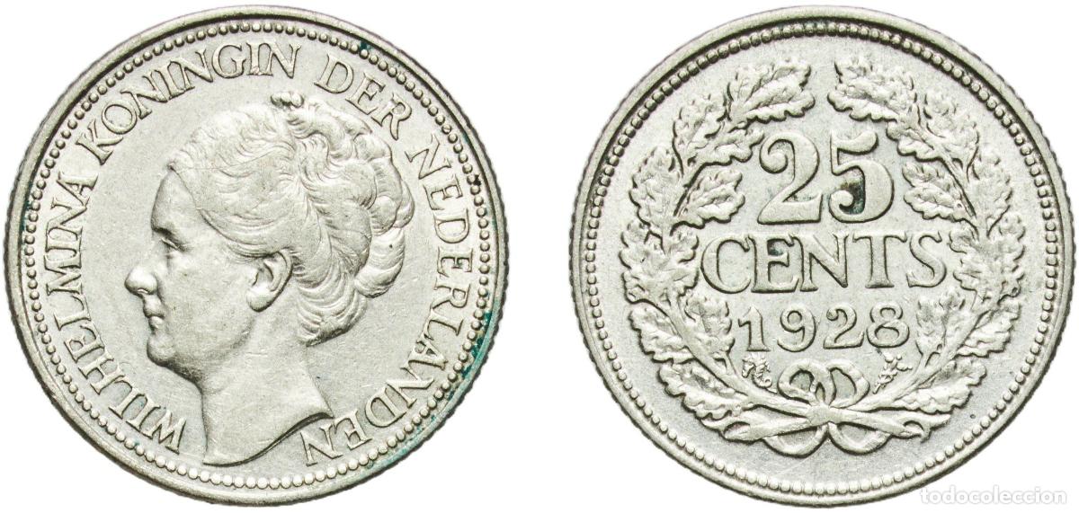 Monedas antiguas de Am&eacute;rica: Netherlands Kingdom 1928 25 Cents - Wilhelmina Silver (.640) Utrecht Mint (8000000) 3.58g AU Sch 87