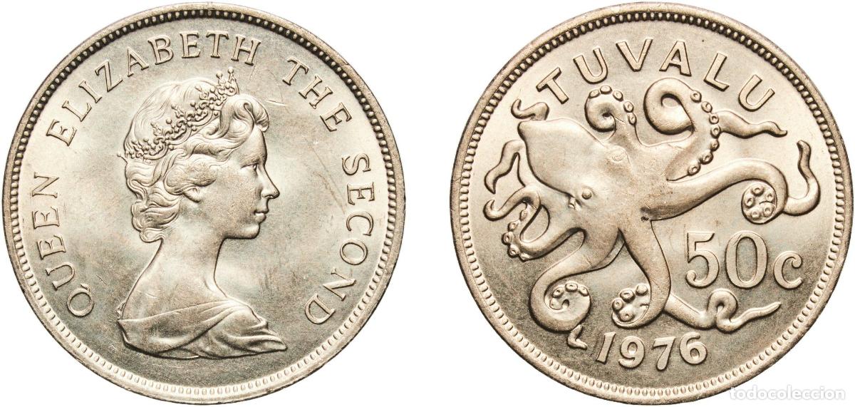 Monedas antiguas de Am&eacute;rica: Tuvalu Constitutional Monarchy 1976 50 Cents - Elizabeth II (2nd portrait) Copper-nickel (75% Coppe