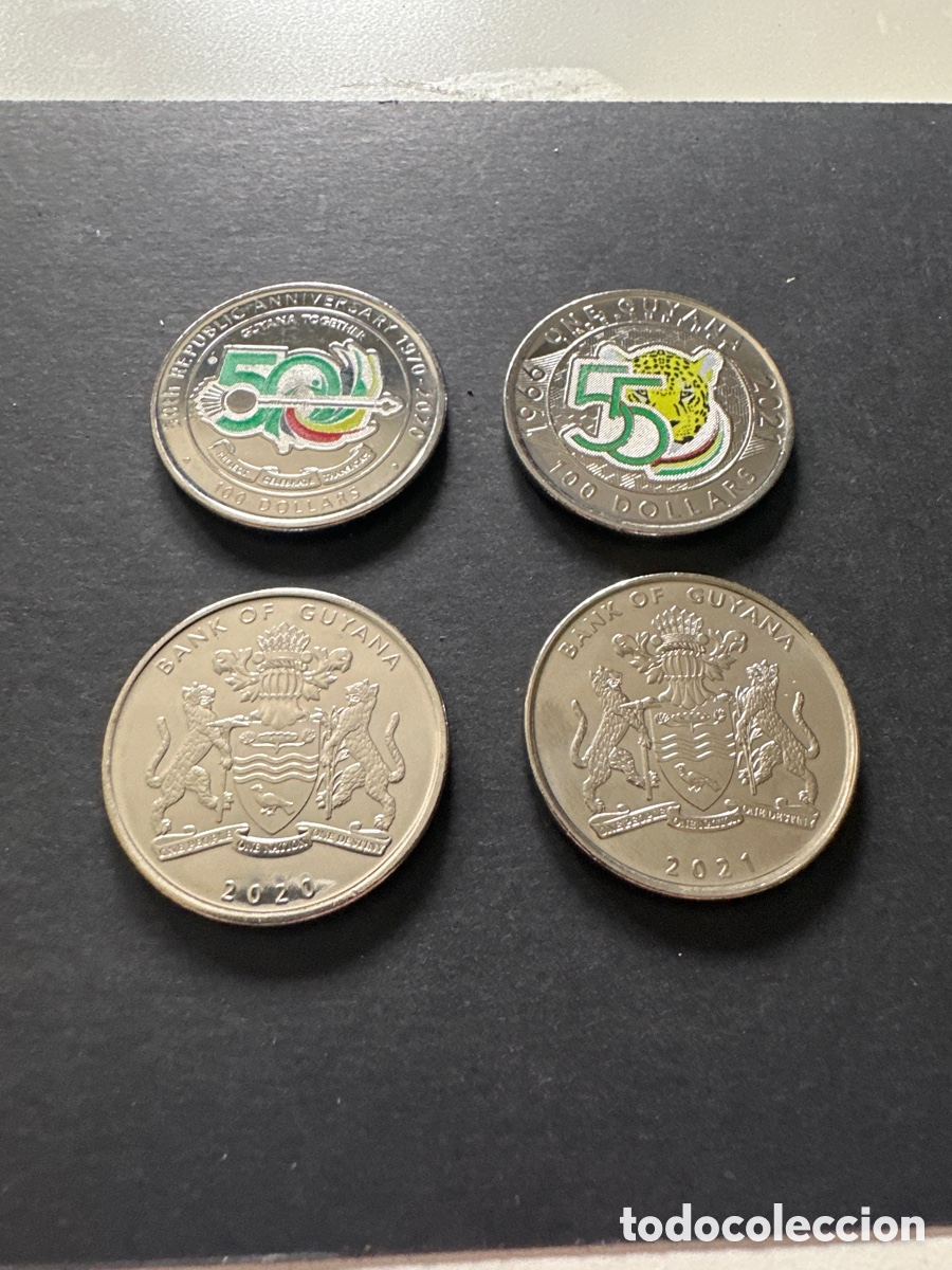 Monedas antiguas de Am&eacute;rica: Pareja de monedas de Guyana de 100 dollars a&ntilde;os 2020 y 2021 sin circular