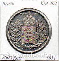 Monedas antiguas de Am&eacute;rica: BRASIL 1851 ,2000 REIS, KM-462, AG, EBC, 2 ESCANER
