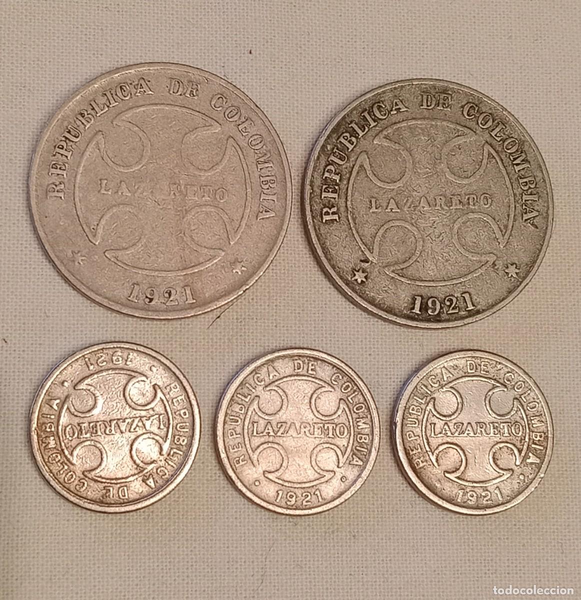 Monedas antiguas de Am&eacute;rica: COLOMBIA leproser&iacute;a Lazareto 1921, lote 5 monedas