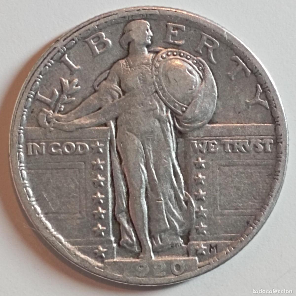 Monedas antiguas de Am&eacute;rica: Moneda de Estados Unidos (USA) quarter dollar (Standing Liberty Quarter) de 1920 de plata