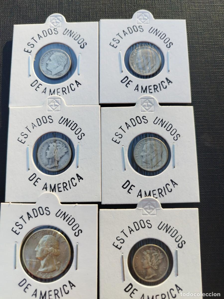 Monedas antiguas de Am&eacute;rica: 6 Monedas USA Plata .900 - Quarter 1954 D + 5 Dimes (Mercury y Roosevelt) - A&ntilde;os 1918-1964