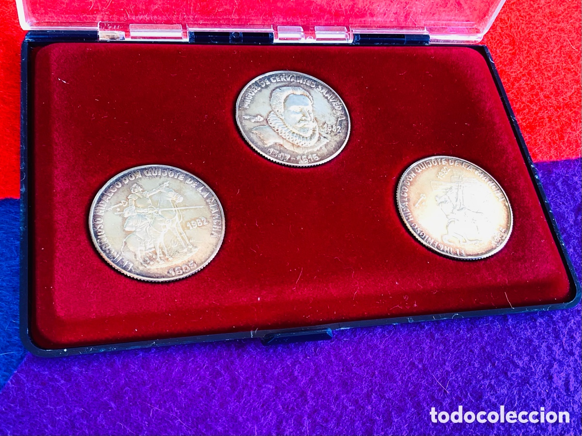 Monedas antiguas de Am&eacute;rica: Set 3 Monedas Plata .999 Cuba 1982 PROOF &ndash; Cervantes & Don Quijote + Estuche
