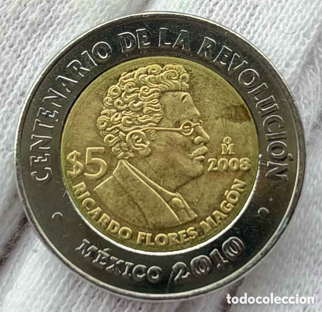 Monedas antiguas de Am&eacute;rica: Moneda M&Eacute;XICO 5 Pesos 2008 SC Ricardo Flores Magon. Bimetalica Conmemorativa