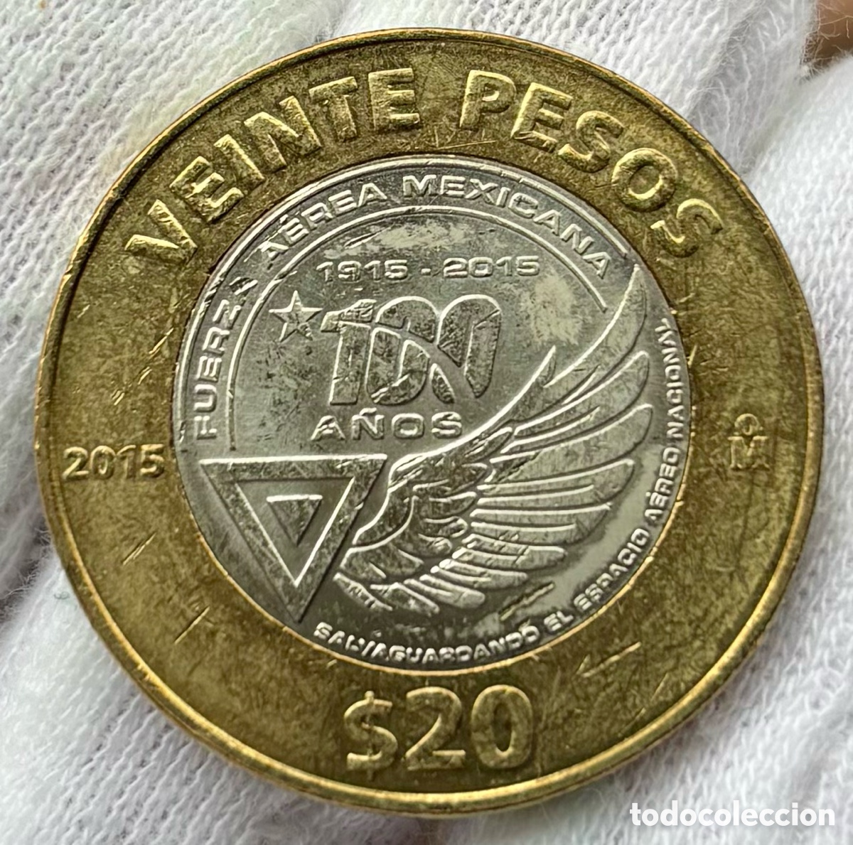 Monedas antiguas de Am&eacute;rica: Moneda M&Eacute;XICO 20 Pesos 2015 SC-. 100 A&ntilde;os Fuerza A&eacute;rea Mexicana. Bimetalica Conmemorativa