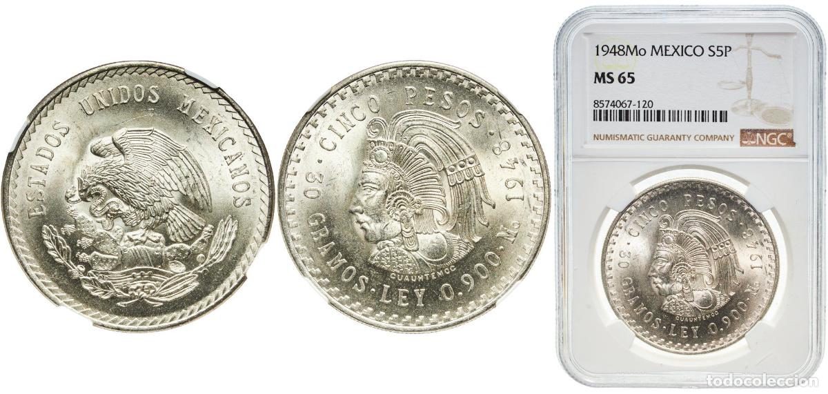 Monedas antiguas de Am&eacute;rica: Mexico United Mexican States 1948 Mo 5 Pesos Silver (.900) Mexican Mint (26740000) 30g NGC MS 65 K