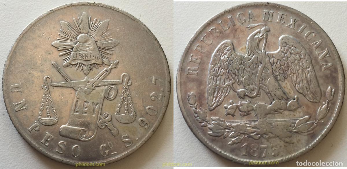 Monedas antiguas de Am&eacute;rica: 1685 MEXICO 1873 MEXICO GUANAJUATO MINT 1873-GO S 1 PESO SILVER PLATA PHILDOM