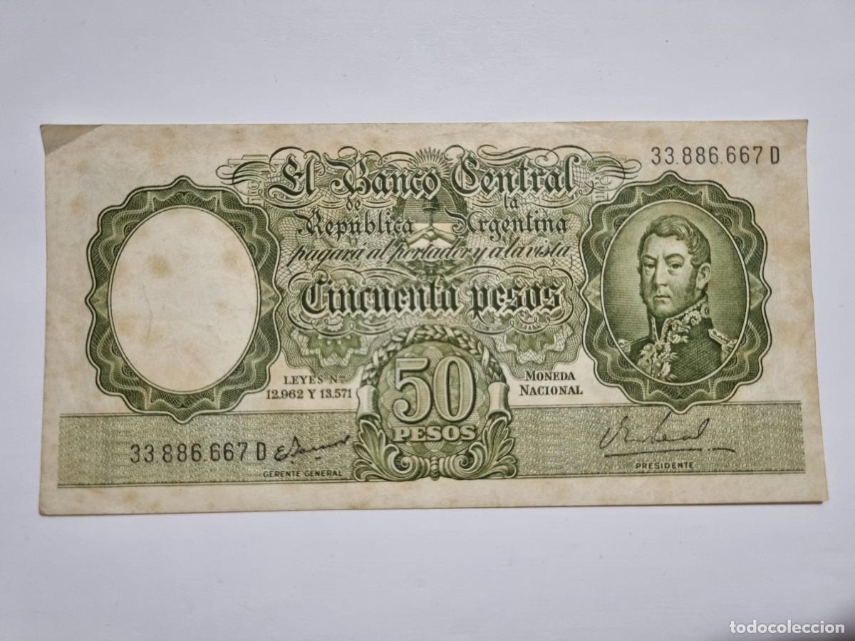 Monedas antiguas de Am&eacute;rica: Antiguo Billete Republica Argentina 50 Pesos Serie D 1968-1969 Coleccionista