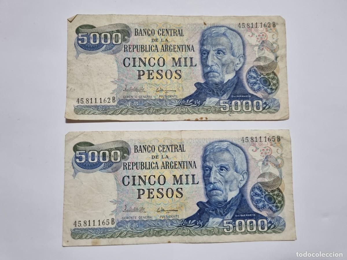 Monedas antiguas de Am&eacute;rica: Lote 2x Billete Republica Argentina 5000 Pesos Serie B 1977-1983 Coleccionista