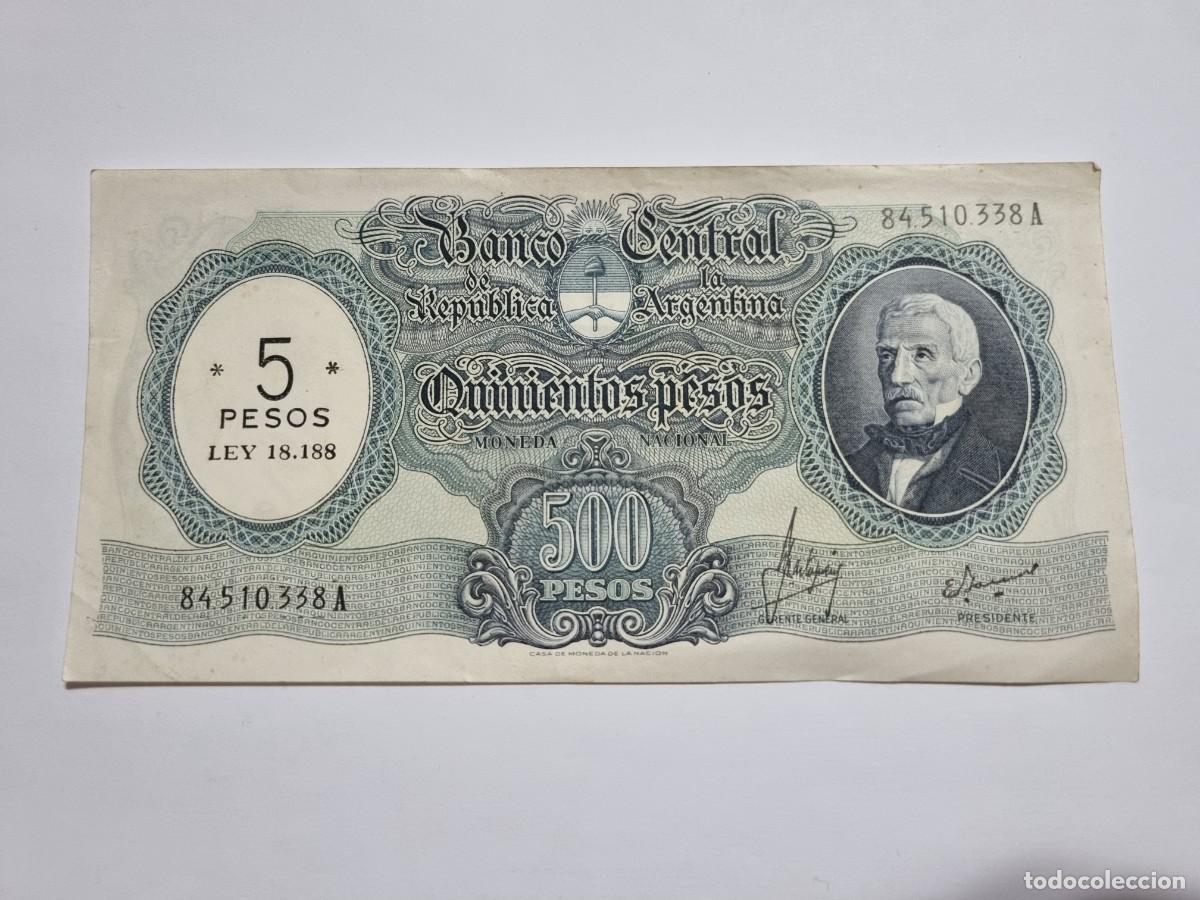 Monedas antiguas de Am&eacute;rica: Antiguo Billete 1969 Republica Argentina 5 Pesos 500 Serie A Ley 18188
