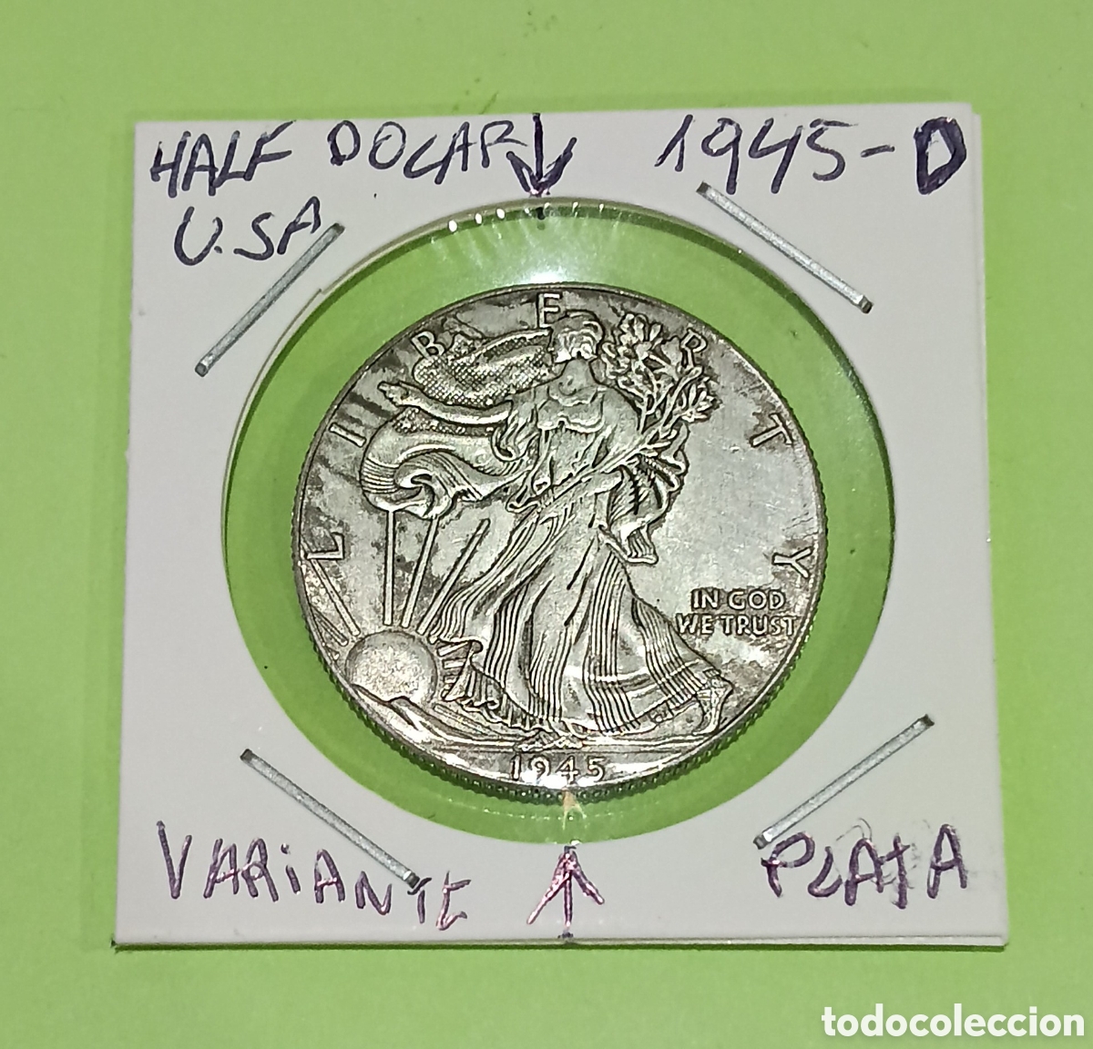 Monedas antiguas de Am&eacute;rica: Rar&iacute;sima Moneda Half Dolar de Plata 1945 - D con errores Acu&ntilde;aci&oacute;n Falta Rayo Sol, Exceso Metal etc.