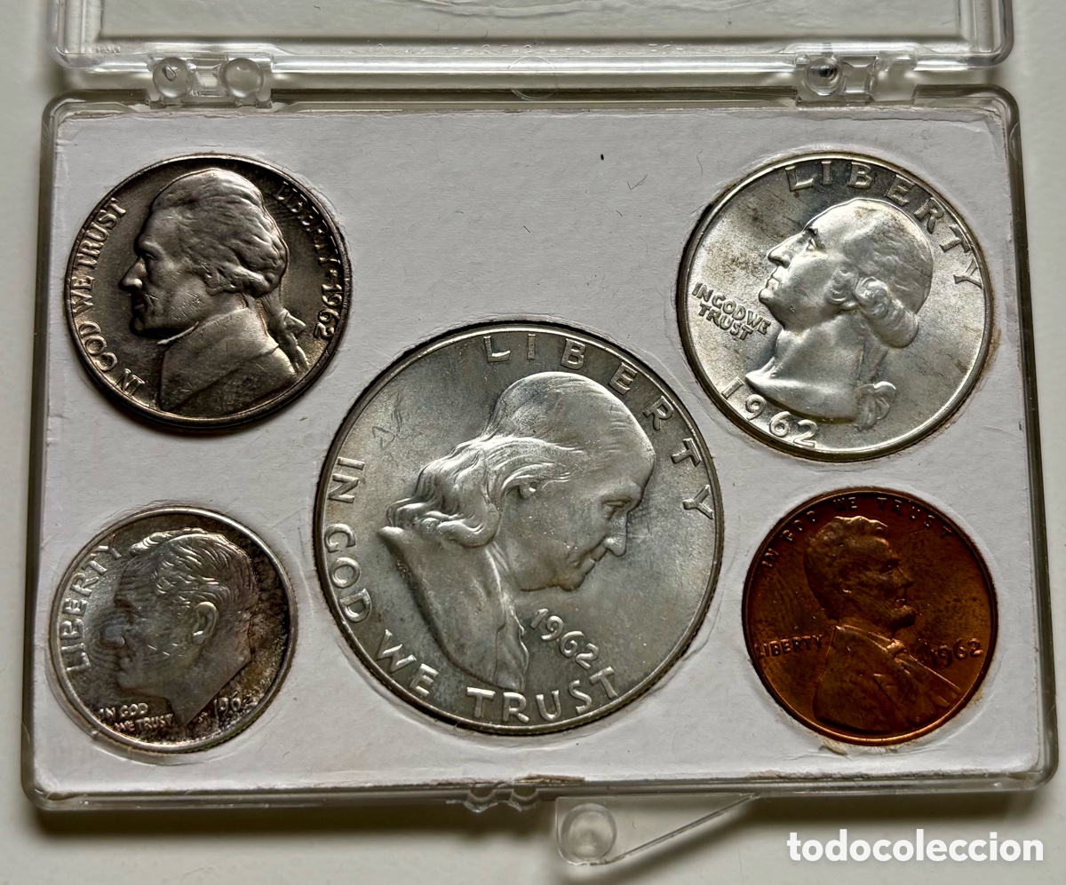 Monedas antiguas de Am&eacute;rica: Set x 5 Monedas USA 1962 SC. 1-5 Cent One Dime 1/2 1/4 D&oacute;lar PLATA. Serie A&ntilde;o 1962 Estuche EEUU