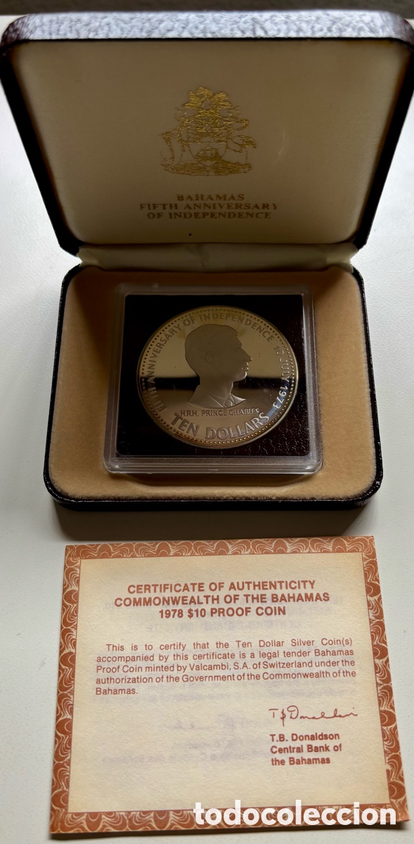 Monedas antiguas de Am&eacute;rica: Moneda PLATA BAHAMAS 10 D&oacute;lares 1978 SC PROOF Pr&iacute;ncipe Carlos . Estuche Certificado