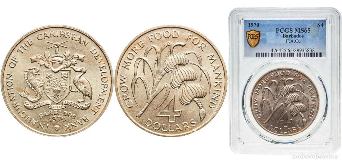 Monedas antiguas de Am&eacute;rica: Barbados Commonwealth 1970 4 Dollars - Elizabeth II (FAO) Copper-nickel (75% Copper, 25% Nickel) (3