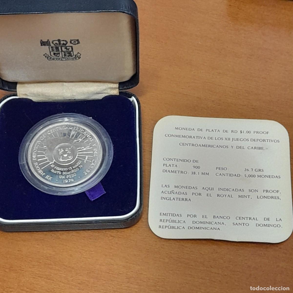 Monedas antiguas de Am&eacute;rica: MONEDA 1 PESO PLATA PROOF REPUBLICA DOMINICANA 1974 XII JUEGOS CENTROAMERICANOS KM 35 EN SU CAJA
