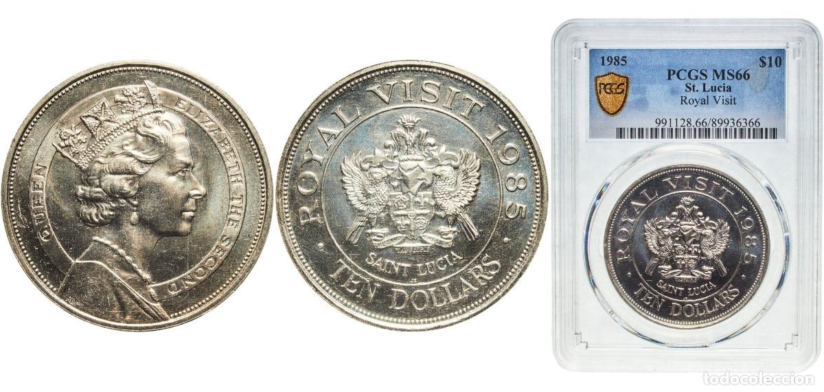 Monedas antiguas de Am&eacute;rica: Saint Lucia 1985 10 Dollars - Elizabeth II (Royal Visit) Copper-nickel Royal Mint (100000) 28.28g P