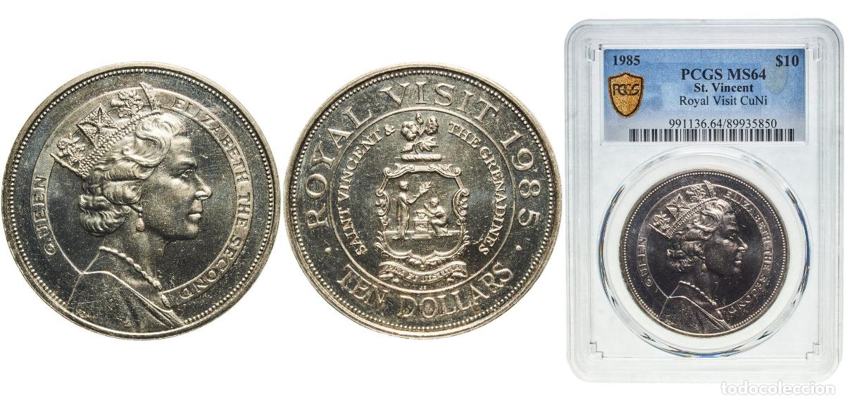 Monedas antiguas de Am&eacute;rica: Saint Vincent and the Grenadines 1985 10 Dollars - Elizabeth II (Royal Visit) Copper-nickel Royal M