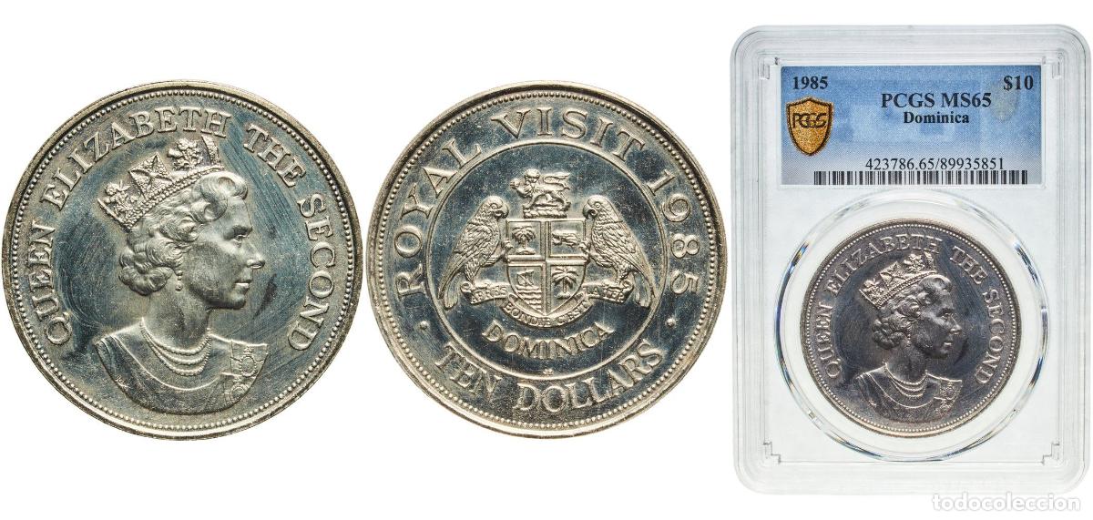 Monedas antiguas de Am&eacute;rica: Dominica Republic 1985 10 Dollars - Elizabeth II (Royal Visit) Copper-nickel Royal Mint (100000) 28