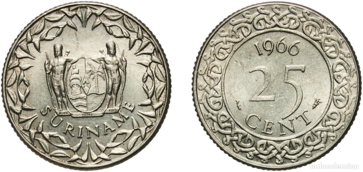 Monedas antiguas de Am&eacute;rica: Suriname Dutch colony 1966 25 Cents Copper-nickel Utrecht Mint (2300000) 3.52g UNC Sch 1296 CNO 77.