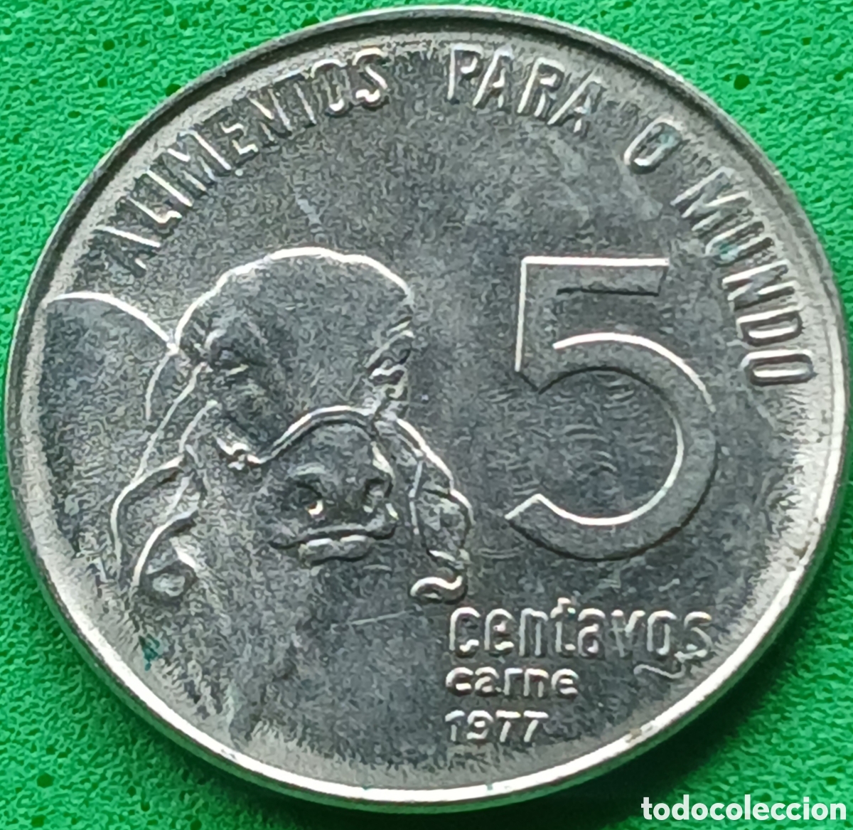 Monedas antiguas de Am&eacute;rica: Brasil 5 centavos 1977 km#587 Ceb&uacute; , FAO. ESCASA