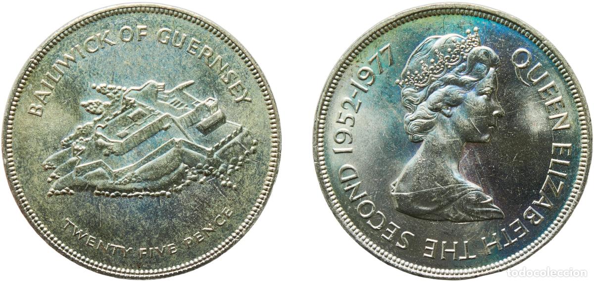 Monedas antiguas de Am&eacute;rica: Guernsey 1977 25 Pence - Elizabeth II (Silver Jubilee) Copper-nickel (75% Copper, 25% Nickel) Royal