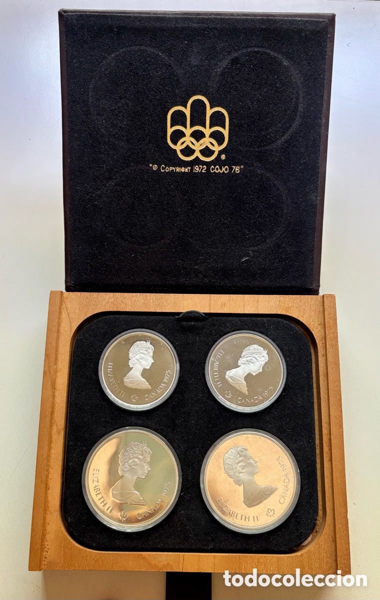 Monedas antiguas de Am&eacute;rica: Estuche x 4 Monedas PLATA CANADA 5 y 10 D&oacute;lares 1975. Olimpiadas Montreal 1976. Certificado