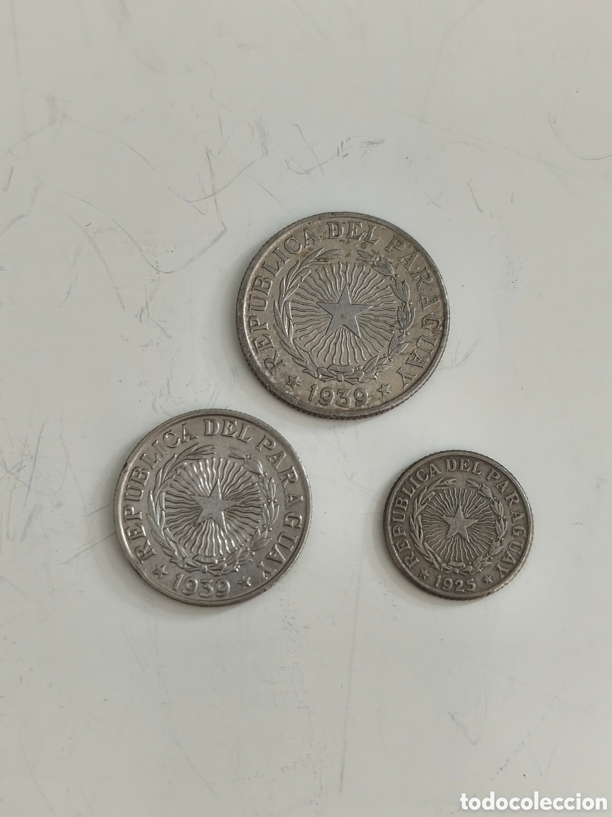 Monete antiche di America: Lote 3 monedas cupron&iacute;quel Paraguay