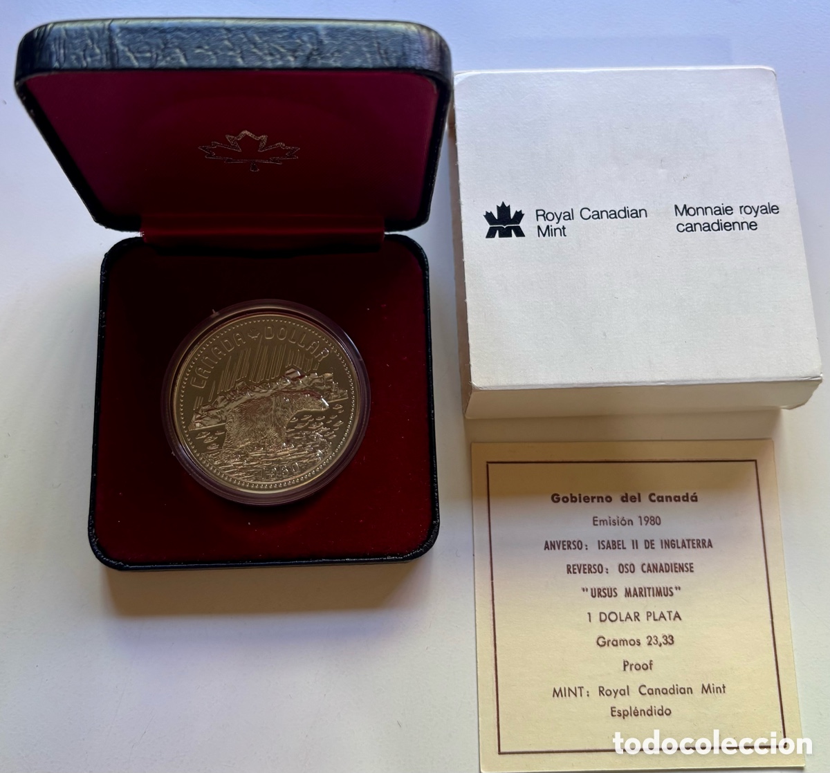 Monedas antiguas de Am&eacute;rica: Moneda PLATA CANAD&Aacute; 1 D&oacute;lar 1980 Oso Polar. En ESTUCHE. Canada