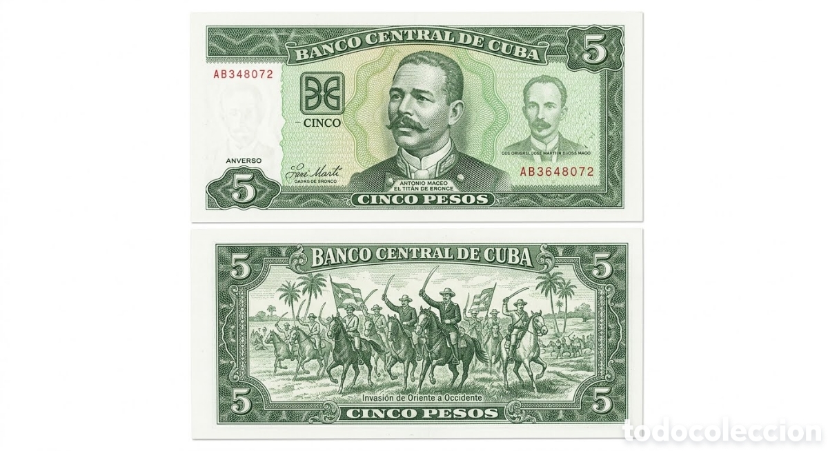 Monedas antiguas de Am&eacute;rica: Billete Cuba 5 Pesos - Antonio Maceo y Jos&eacute; Mart&iacute; - Tem&aacute;tica Hist&oacute;rica
