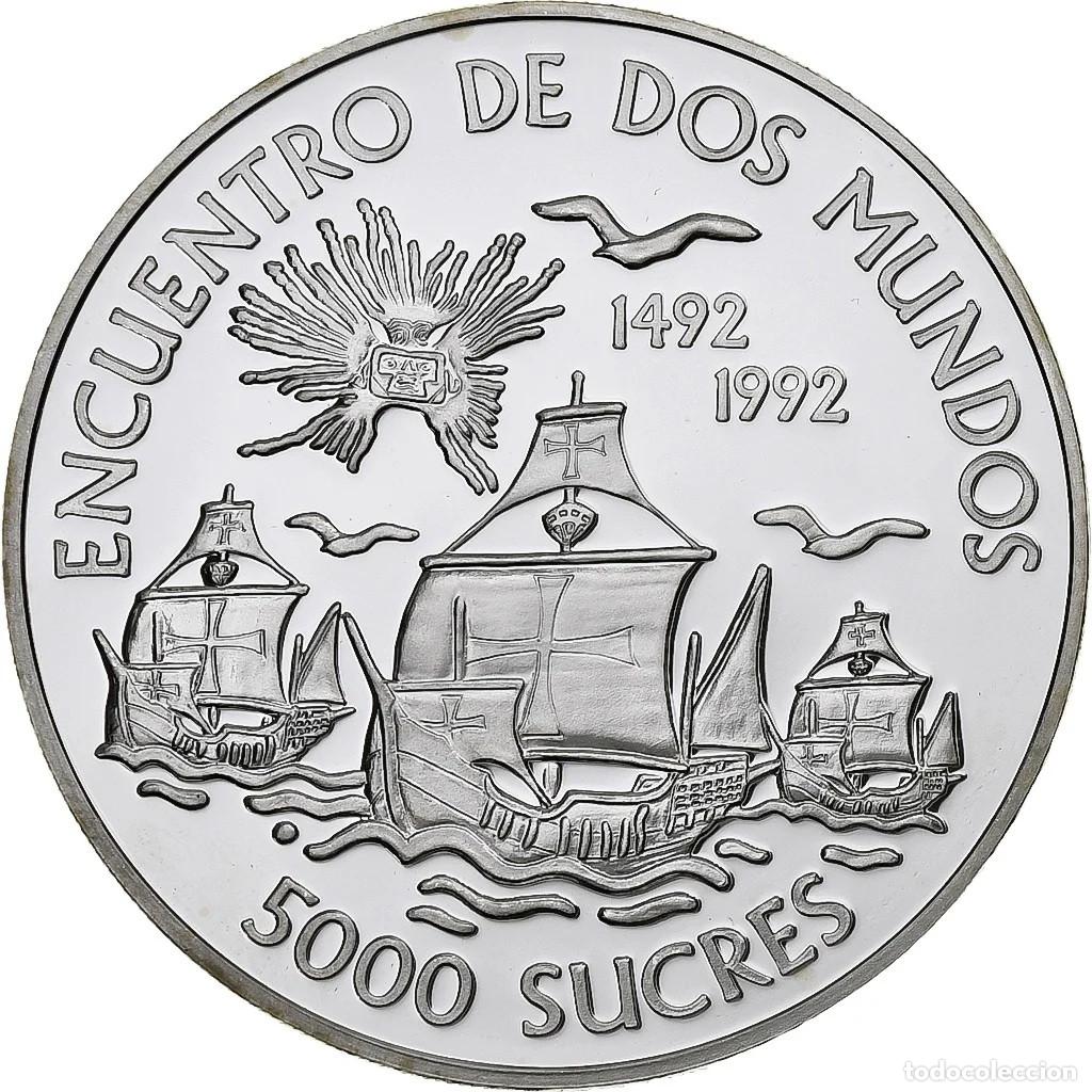 Monedas antiguas de Am&eacute;rica: ECUADOR 5000 sucres plata 1991 proof LAS 3 CARABELAS -Encuentro entre dos mundos