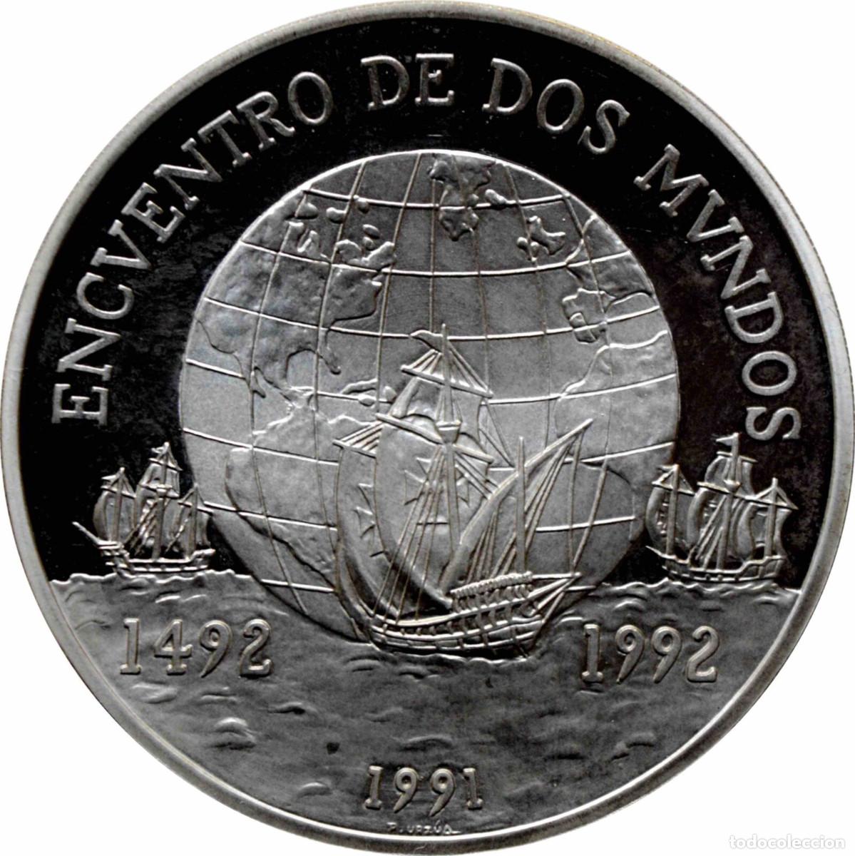 Monedas antiguas de Am&eacute;rica: CHILE 10000 pesos plata 1991 bola mundo y 3 carabelas Encuentro de dos mundos
