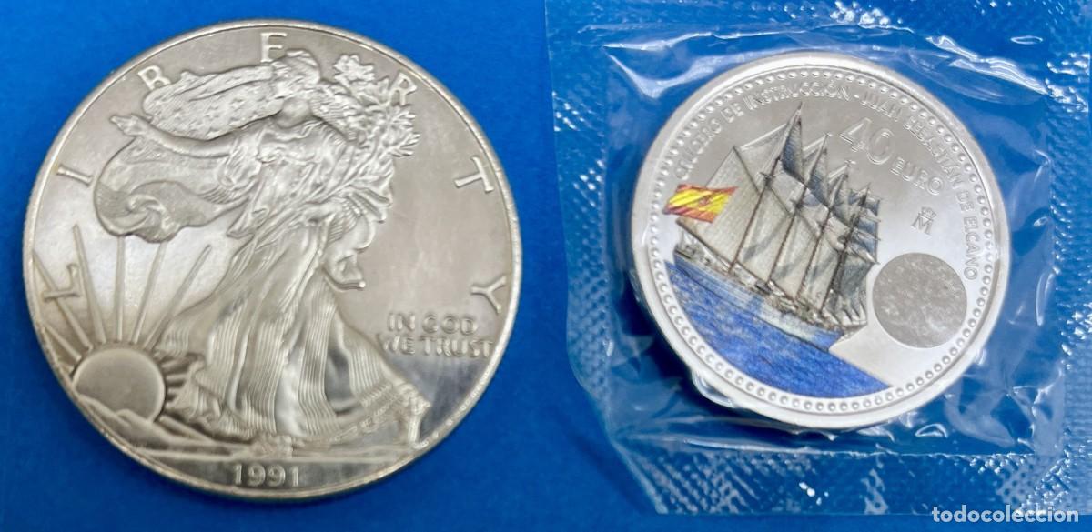 Monedas antiguas de Am&eacute;rica: Onza Plata American Eagle y moneda de Plata 40 Euros.