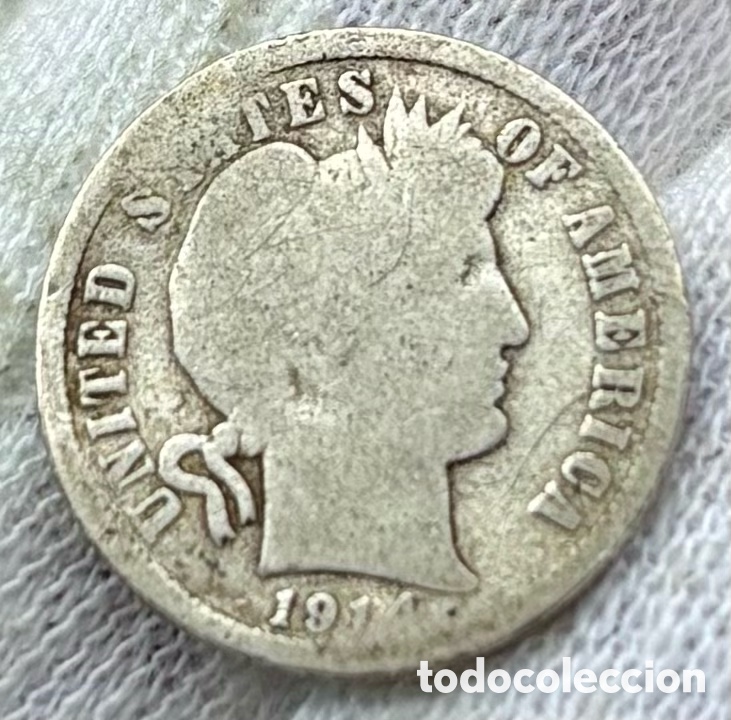 Monedas antiguas de Am&eacute;rica: Moneda PLATA USA 1 Dime 1914-D Barber. EEUU Estados Unidos