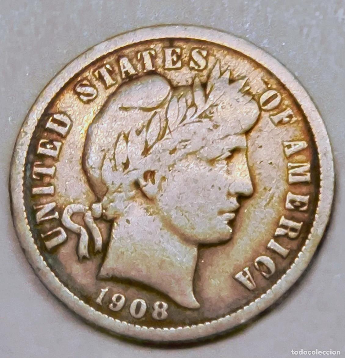 Monedas antiguas de Am&eacute;rica: 1 Dime 1908 Barber Plata - Filadelfia