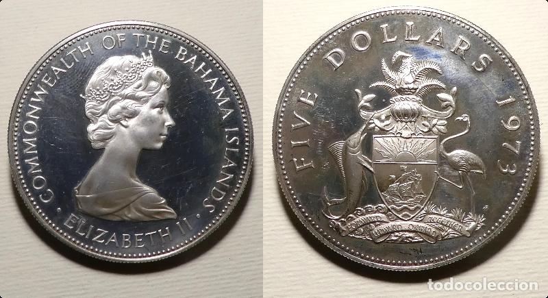 Monedas antiguas de Am&eacute;rica: MONEDA DE 5 D&Oacute;LARES DE PLATA DE BAHAMAS A&Ntilde;O 1973